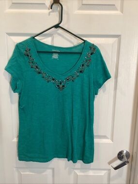 St. John's Bay Teal Short Sleeve V-Neck Top with Beaded Trim